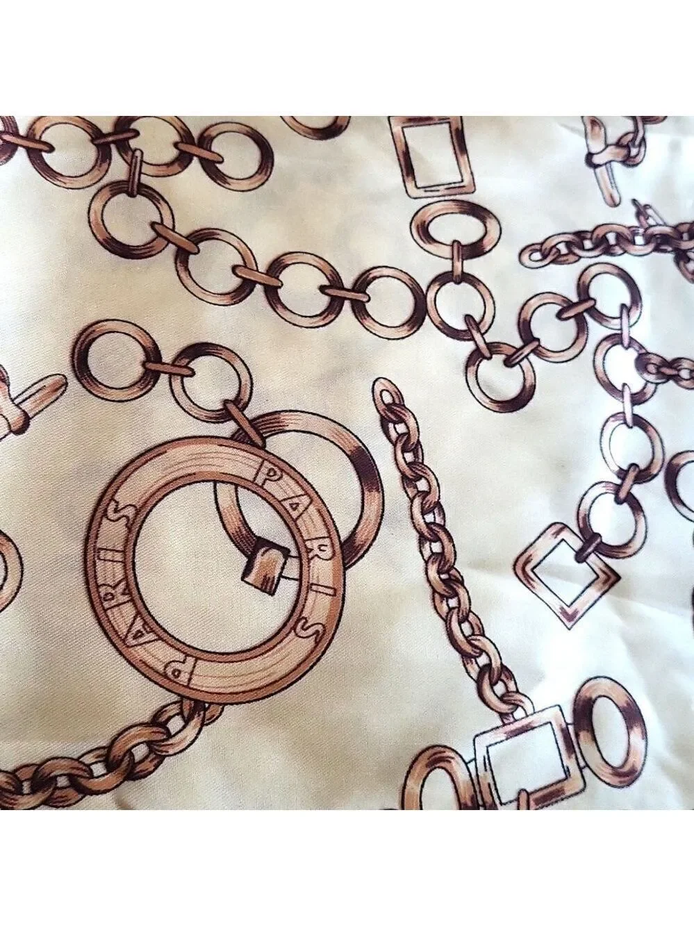 Vintage Style Chain Print Square Scarf Beige and Brown Elegant Satin Neckerchief